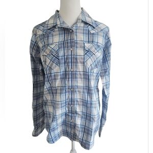 Wrangler Blue Plaid Western Pearl Snap Button Long Sleeve Blouse Small